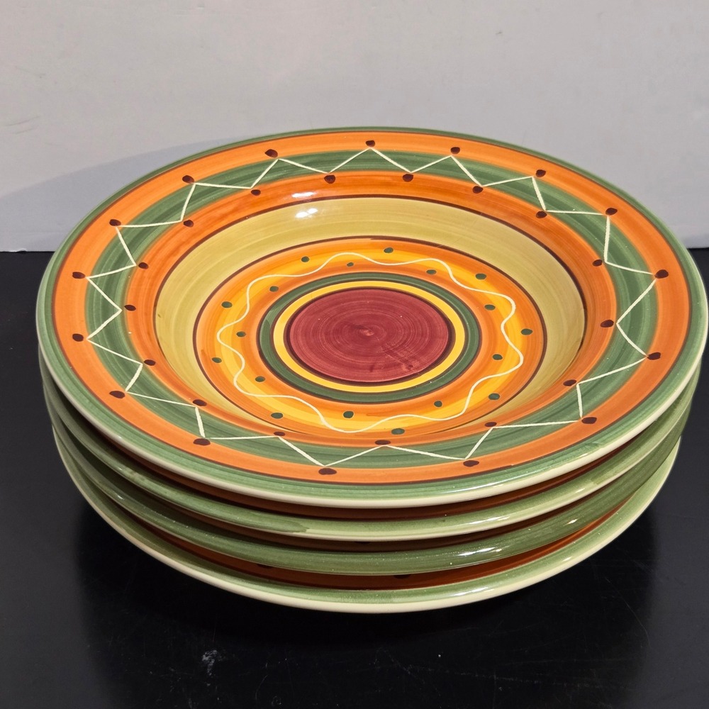Pier 1 Etrusco Shallow Pasta Bowls Set of 4 Orange Green Handpainted Italy 9.75"
